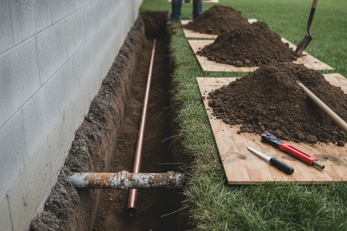 Excavated water line trench during Sewer Line Repair in Ishpeming
